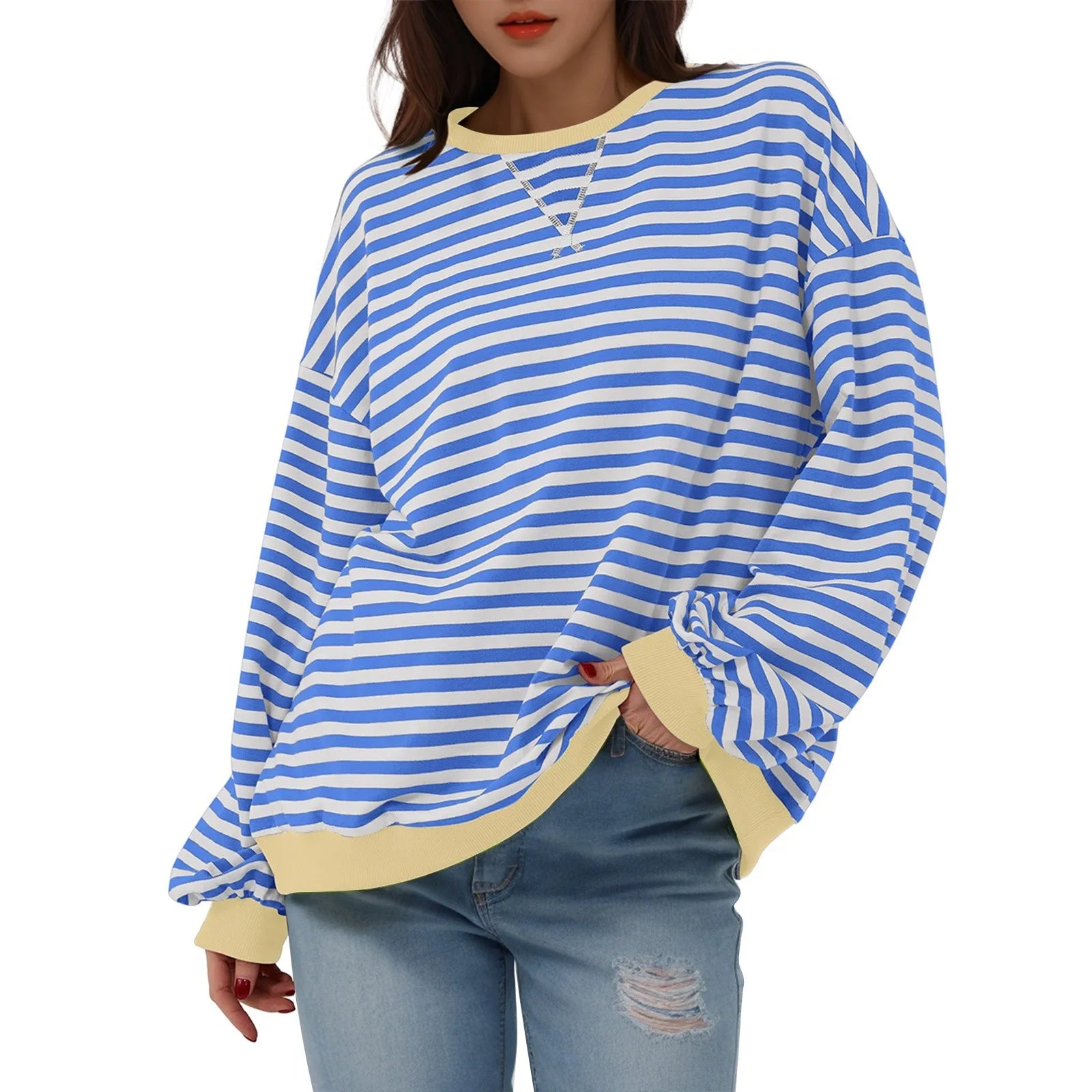 Sweatshirts- Women's Sporty Striped Drop Shoulder Sweatshirt- - IndioGear.com