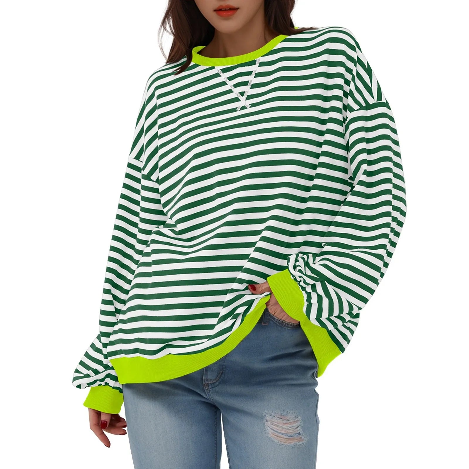 Sweatshirts- Women's Sporty Striped Drop Shoulder Sweatshirt- - IndioGear.com