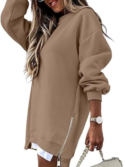 Sweatshirts- Zip-Side Sweatshirt Loose Pullover- Khaki- IndioGear Women Clothing