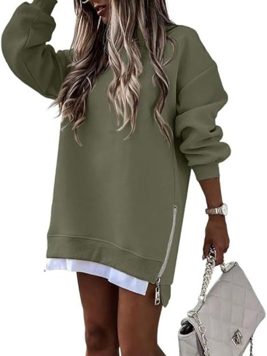 Sweatshirts- Zip-Side Sweatshirt Loose Pullover- Green- IndioGear Women Clothing