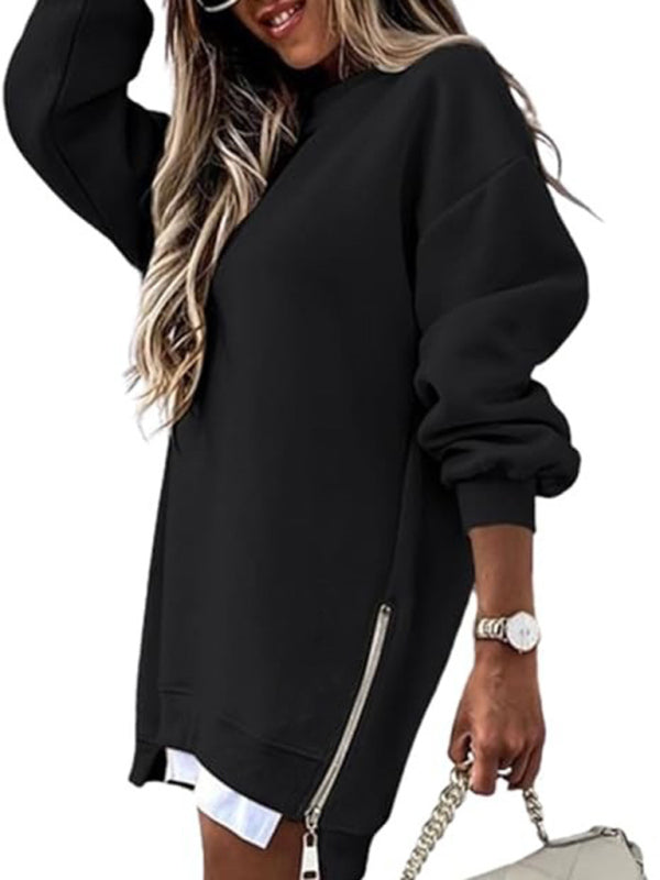 Sweatshirts- Zip-Side Sweatshirt Loose Pullover- Black- IndioGear Women Clothing