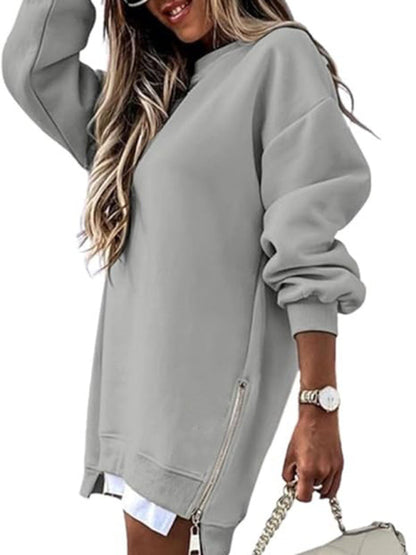 Sweatshirts- Zip-Side Sweatshirt Loose Pullover- Grey- IndioGear Women Clothing