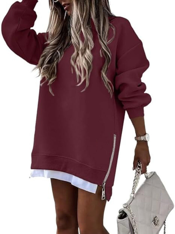 Sweatshirts- Zip-Side Sweatshirt Loose Pullover- Wine Red- IndioGear Women Clothing