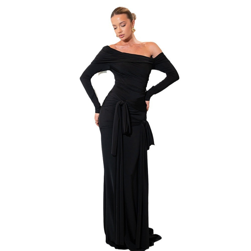 Sweep Train Dresses- Long Sleeve Off-Shoulder Maxi Gown with Waist Ties- - IndioGear Women Clothing