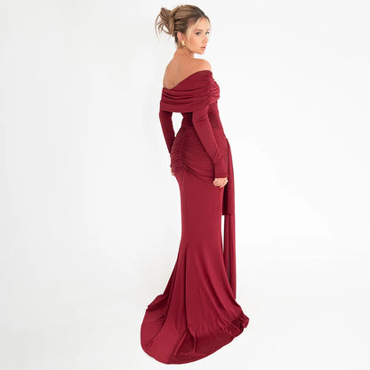 Sweep Train Dresses- Long Sleeve Off-Shoulder Maxi Gown with Waist Ties- - IndioGear Women Clothing