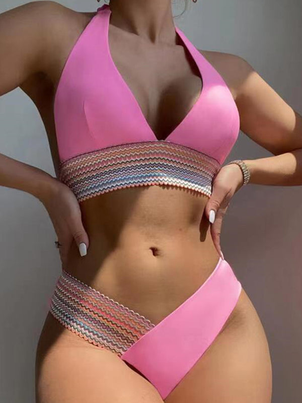 Swimsuits- 2 Piece Swimsuit - Triangle Padded Bra & High-Cut Bikini with Elastic Stripes- - IndioGear Fashion and Gear