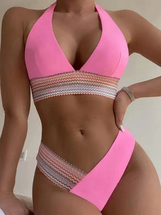 Swimsuits- 2 Piece Swimsuit - Triangle Padded Bra & High-Cut Bikini with Elastic Stripes- Pink- IndioGear Fashion and Gear