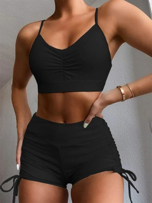 Swimsuits- Bathing Suit High-Waist Ruched Shorts & Sporty Top for Women- Black- IndioGear.com