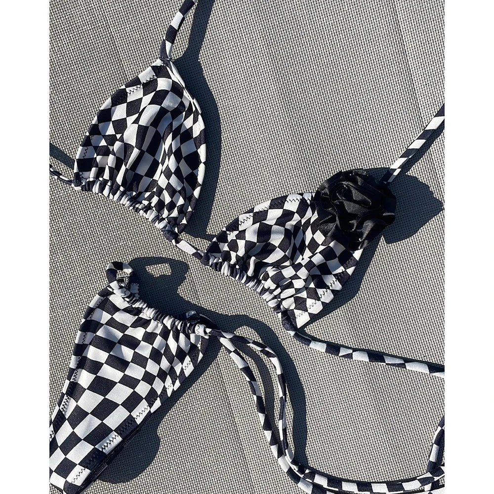 Swimsuits- Checkerboard Two-Piece Brazilian Beachwear Black & White Swim Set- - IndioGear Women Clothing