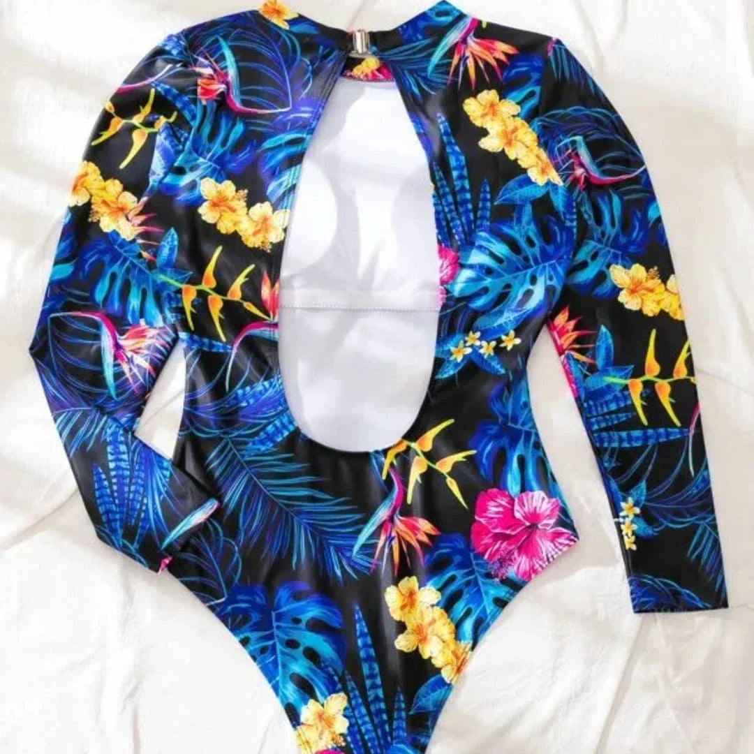 Swimsuits- Floral Long-Sleeve Surfing Swimsuit for Women- - IndioGear