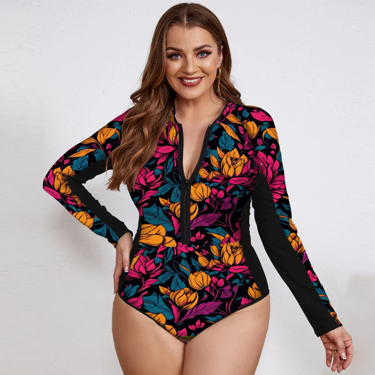 Swimsuits- Floral Rash Guard Long-Sleeve Swimwear for Full-Figured Women- - IndioGear