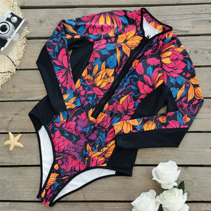 Swimsuits- Floral Rash Guard Long-Sleeve Swimwear for Full-Figured Women- - IndioGear