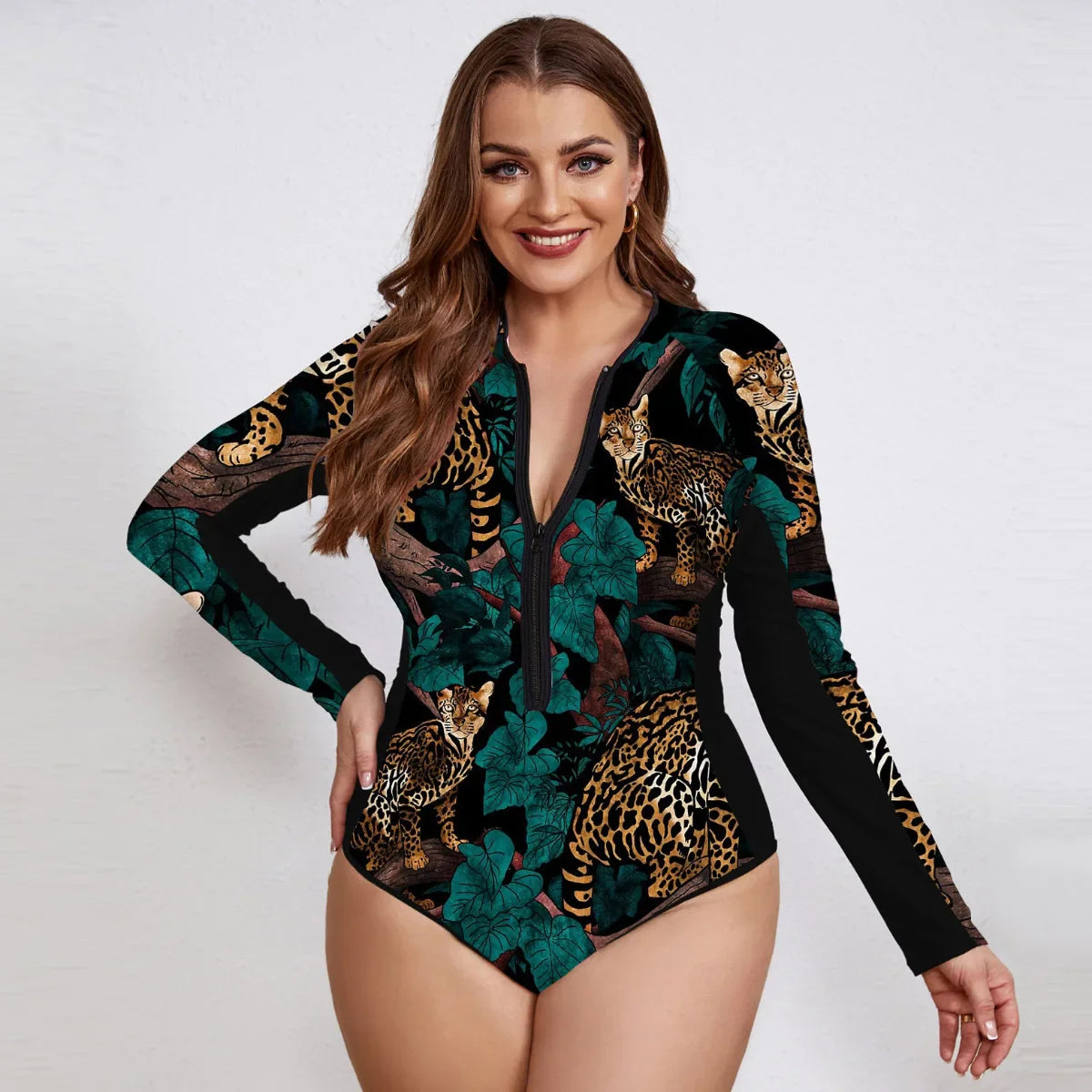 Swimsuits- Floral Rash Guard Long-Sleeve Swimwear for Full-Figured Women- - IndioGear