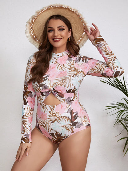 Swimsuits- Floral Rash Guard Long-Sleeve Swimwear for Full-Figured Women- - IndioGear