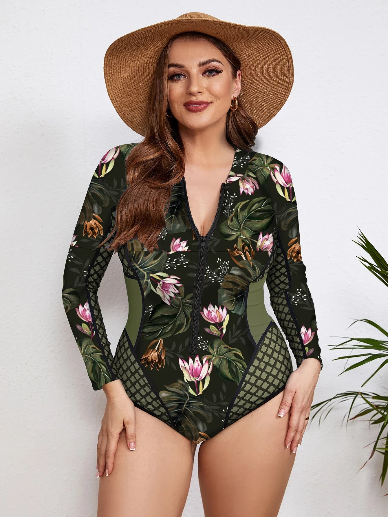 Swimsuits- Floral Rash Guard Long-Sleeve Swimwear for Full-Figured Women- - IndioGear