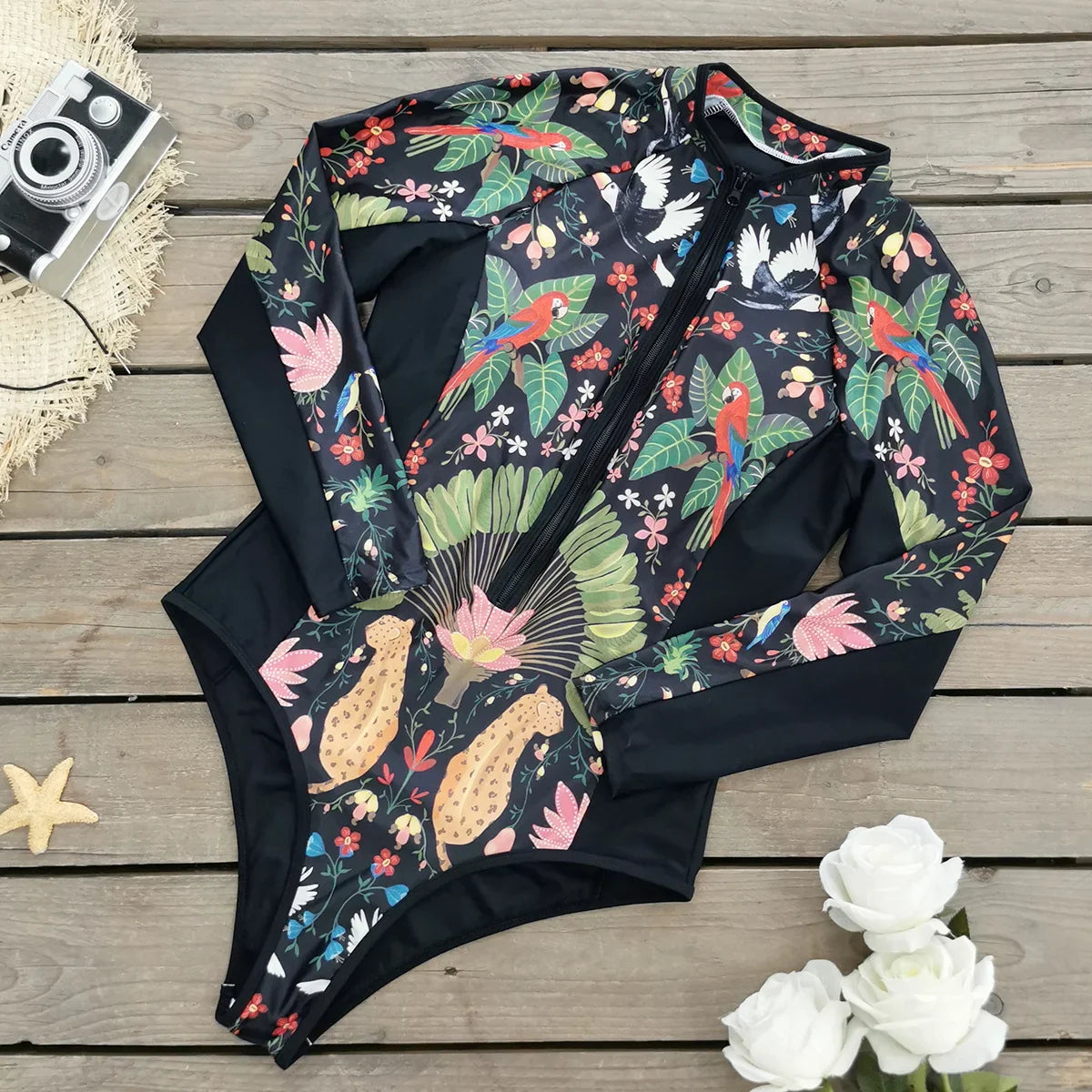 Swimsuits- Floral Rash Guard Long-Sleeve Swimwear for Full-Figured Women- - IndioGear