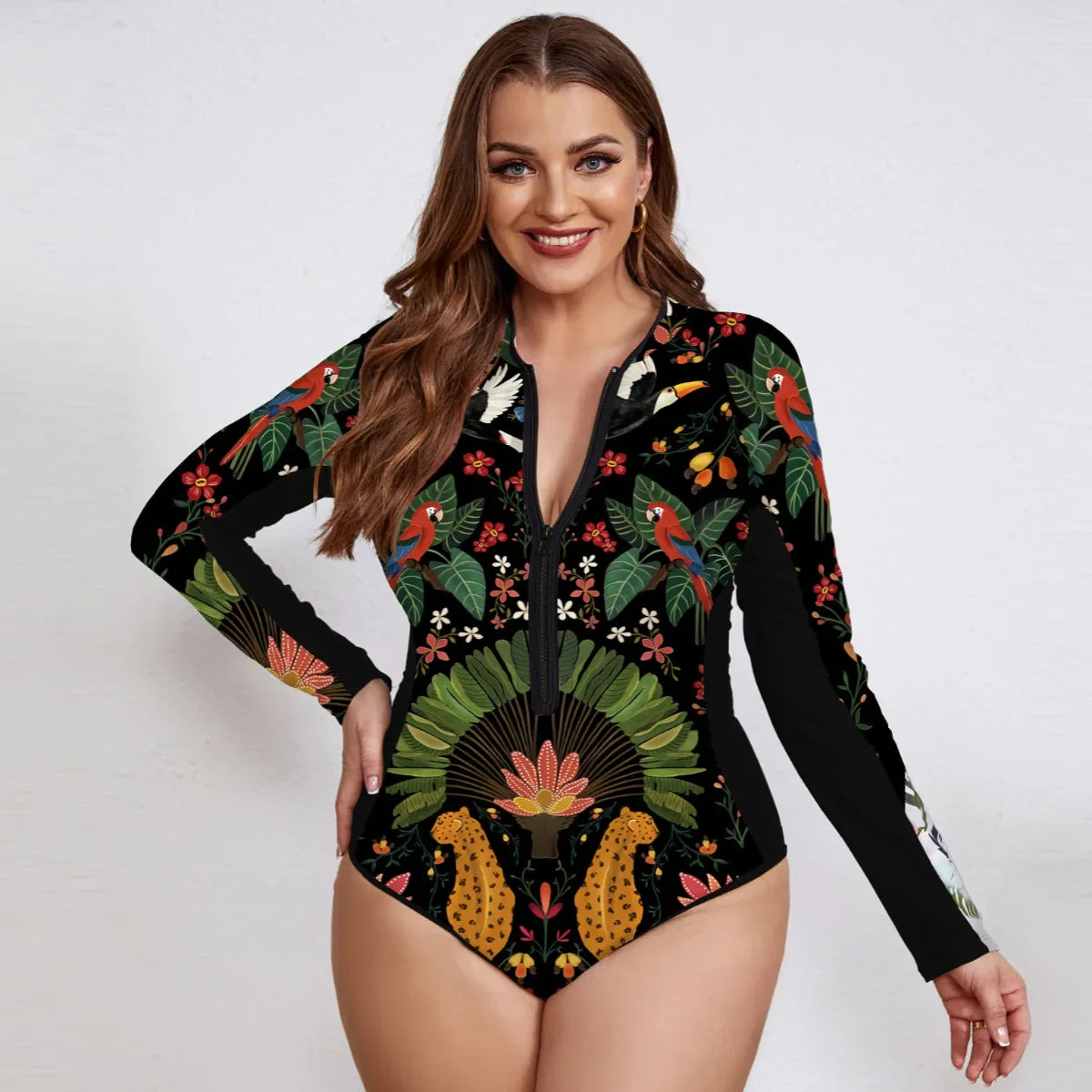 Swimsuits- Floral Rash Guard Long-Sleeve Swimwear for Full-Figured Women- - IndioGear