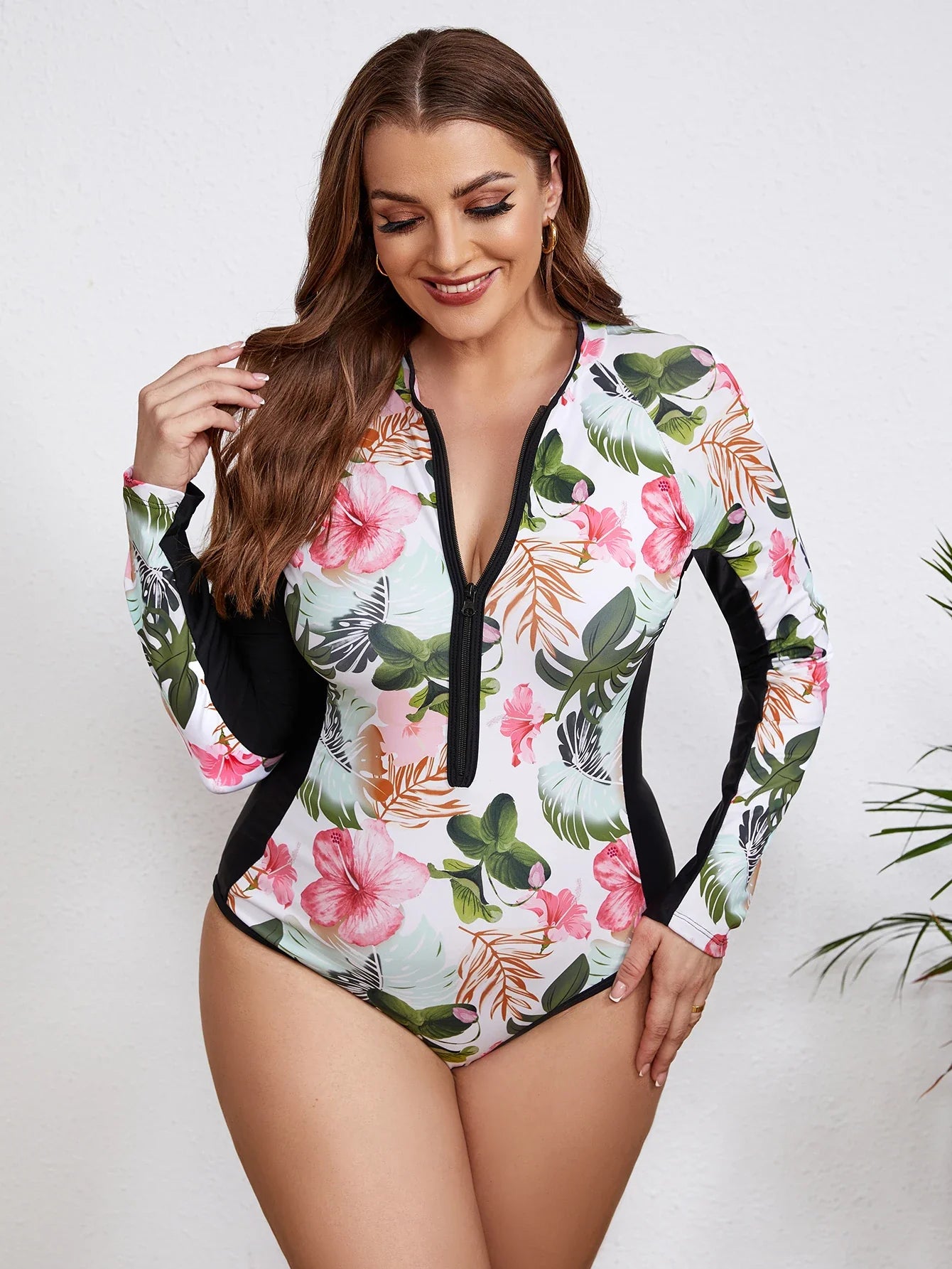 Swimsuits- Floral Rash Guard Long-Sleeve Swimwear for Full-Figured Women- - IndioGear