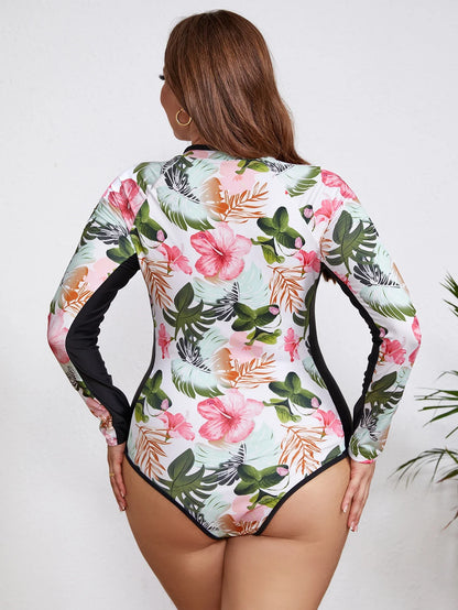 Swimsuits- Floral Rash Guard Long-Sleeve Swimwear for Full-Figured Women- - IndioGear