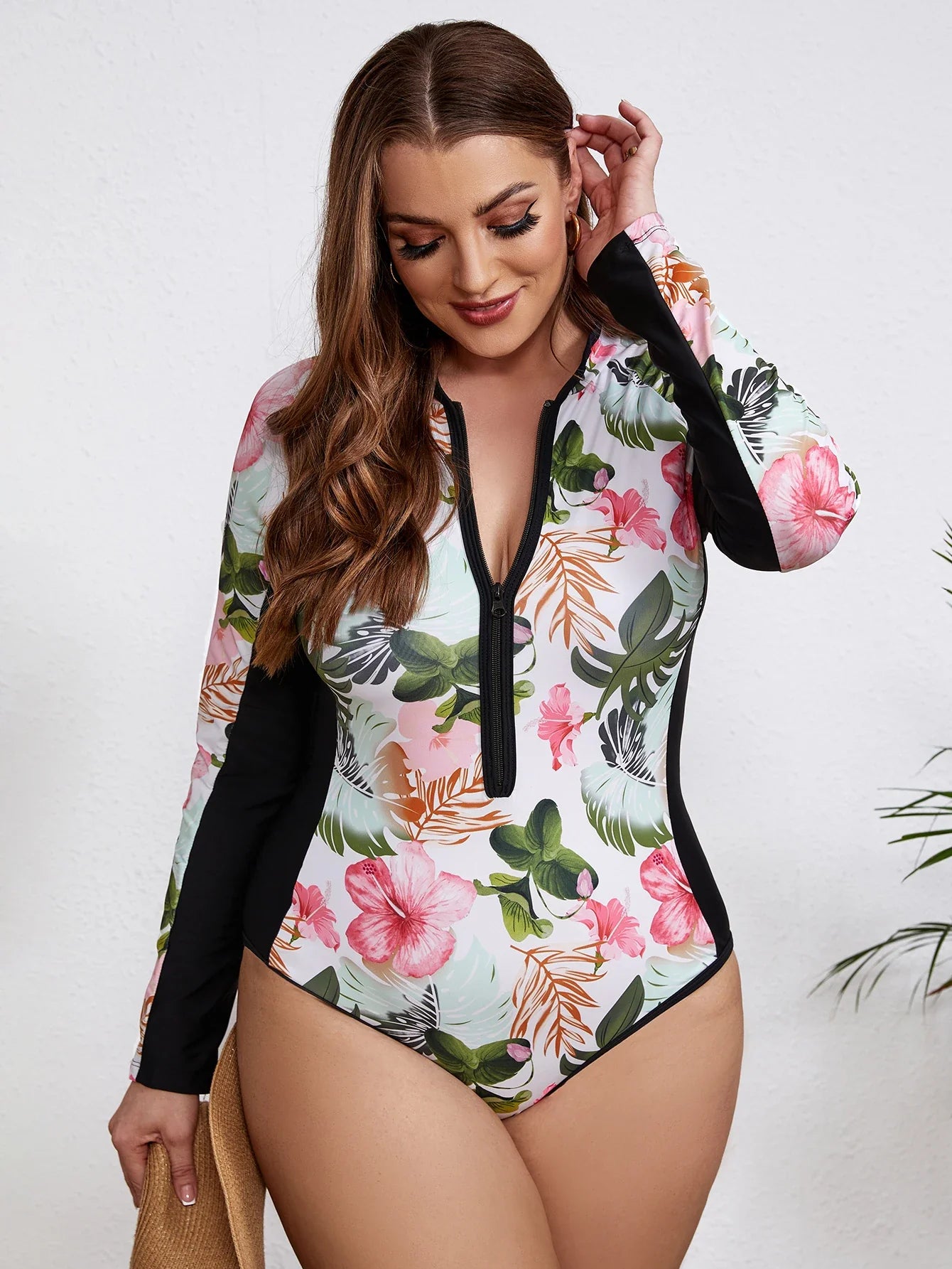 Swimsuits- Floral Rash Guard Long-Sleeve Swimwear for Full-Figured Women- - IndioGear