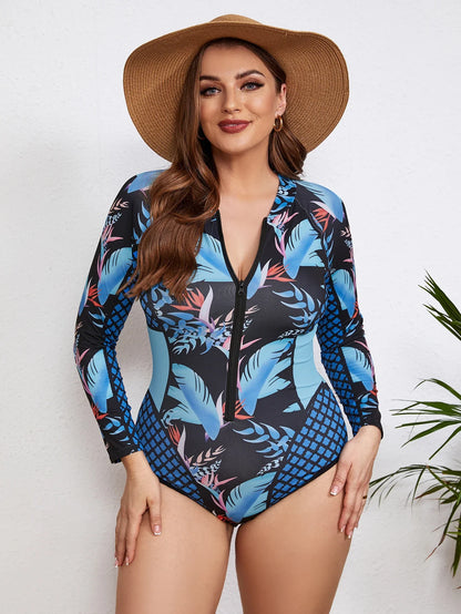 Swimsuits- Floral Rash Guard Long-Sleeve Swimwear for Full-Figured Women- - IndioGear