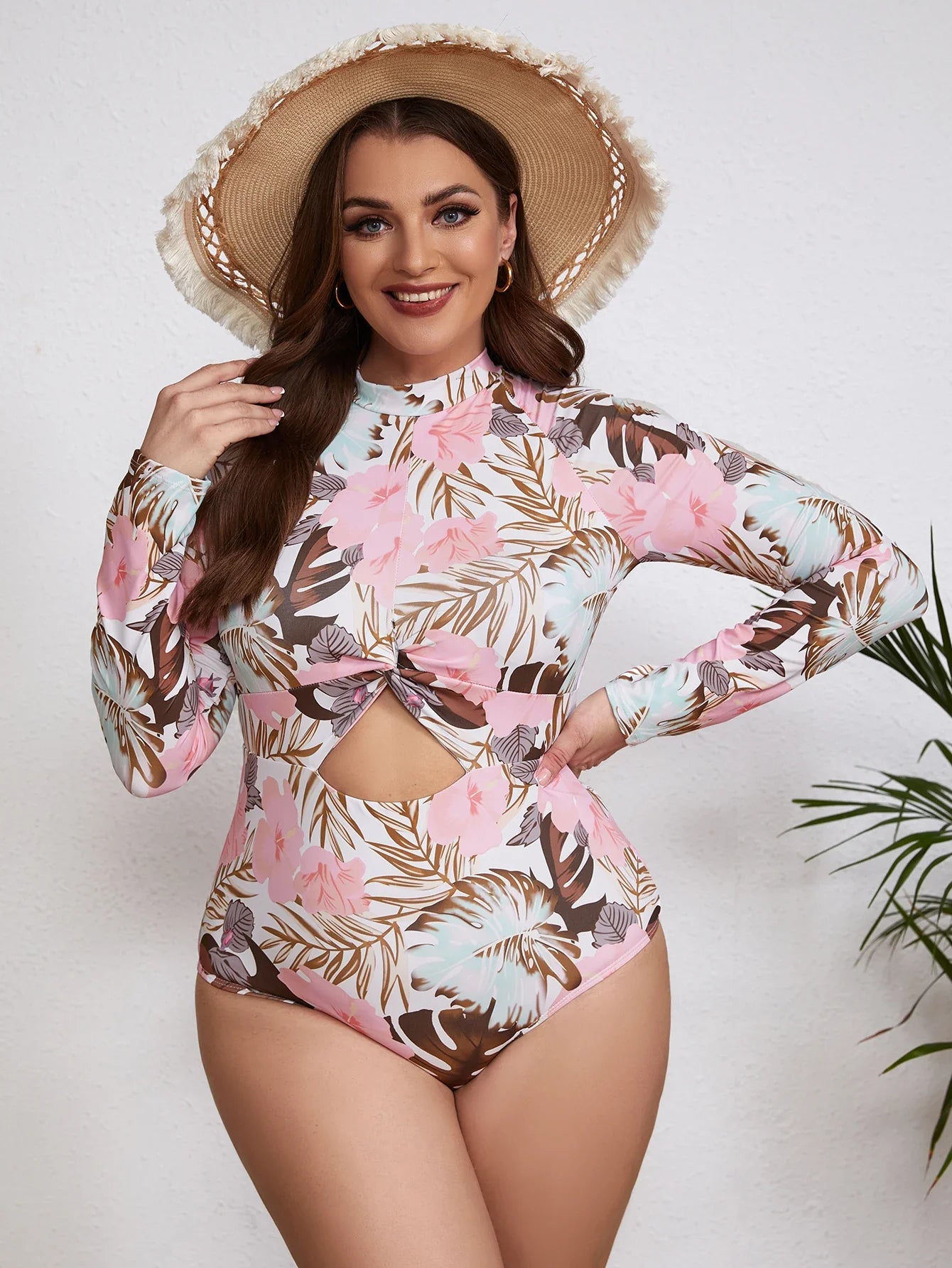 Swimsuits- Floral Rash Guard Long-Sleeve Swimwear for Full-Figured Women- - IndioGear