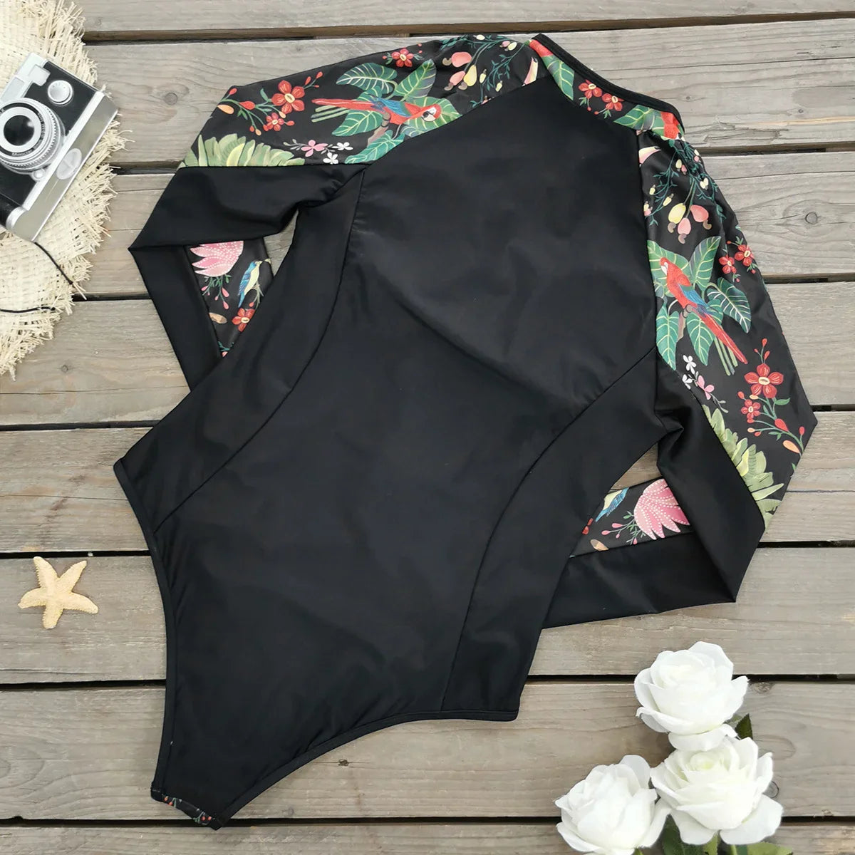 Swimsuits- Floral Rash Guard Long-Sleeve Swimwear for Full-Figured Women- - IndioGear