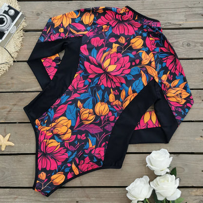 Swimsuits- Floral Rash Guard Long-Sleeve Swimwear for Full-Figured Women- - IndioGear