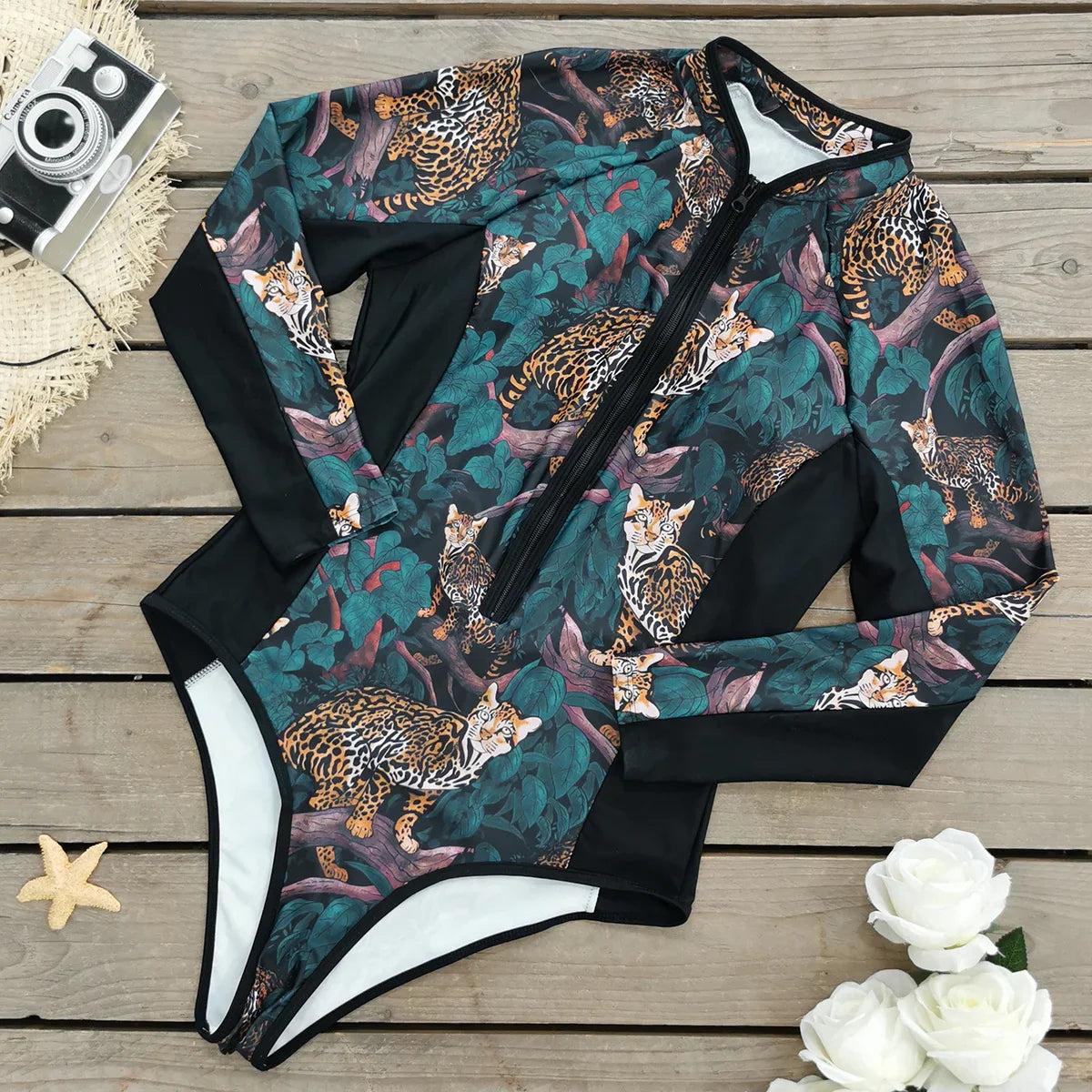 Swimsuits- Floral Rash Guard Long-Sleeve Swimwear for Full-Figured Women- - IndioGear