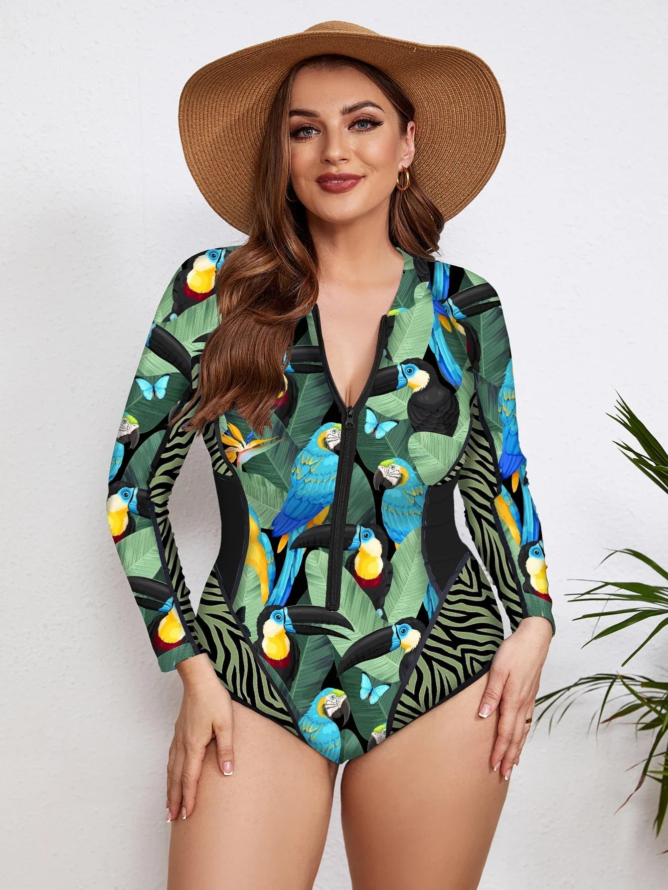 Swimsuits- Floral Rash Guard Long-Sleeve Swimwear for Full-Figured Women- - IndioGear