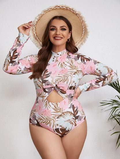 Swimsuits- Floral Rash Guard Long-Sleeve Swimwear for Full-Figured Women- - IndioGear