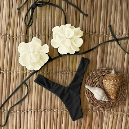 Swimsuits- Floral Swimwear Petal High-Cut Bikini and Triangle Bra 2 Piece- Black- IndioGear Women Clothing