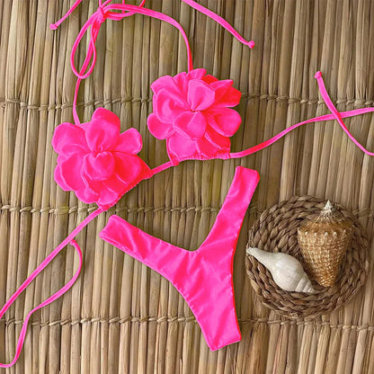 Swimsuits- Floral Swimwear Petal High-Cut Bikini and Triangle Bra 2 Piece- Pink- IndioGear Women Clothing