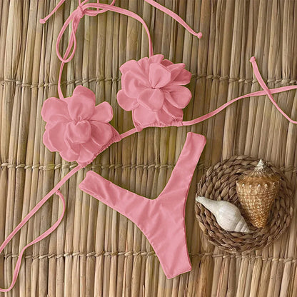 Swimsuits- Floral Swimwear Petal High-Cut Bikini and Triangle Bra 2 Piece- Pale Pink- IndioGear Women Clothing