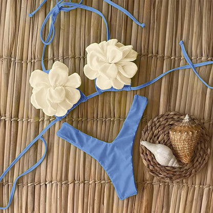 Swimsuits- Floral Swimwear Petal High-Cut Bikini and Triangle Bra 2 Piece- Sky Blue- IndioGear Women Clothing