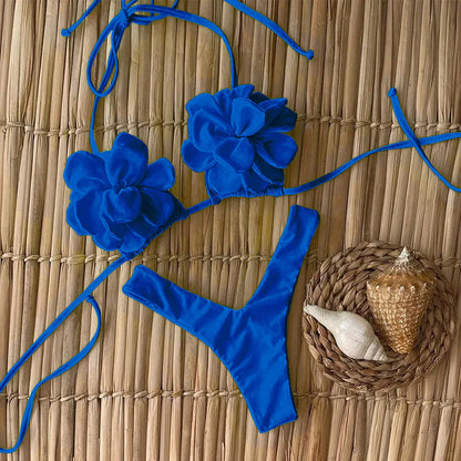 Swimsuits- Floral Swimwear Petal High-Cut Bikini and Triangle Bra 2 Piece- Blue- IndioGear Women Clothing