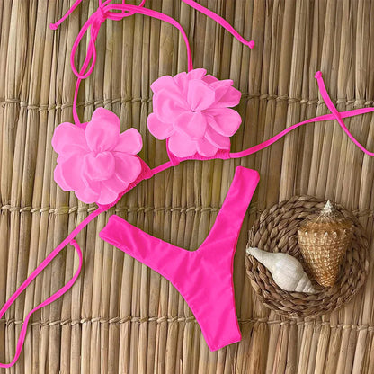 Swimsuits- Floral Swimwear Petal High-Cut Bikini and Triangle Bra 2 Piece- Pink 2- IndioGear Women Clothing