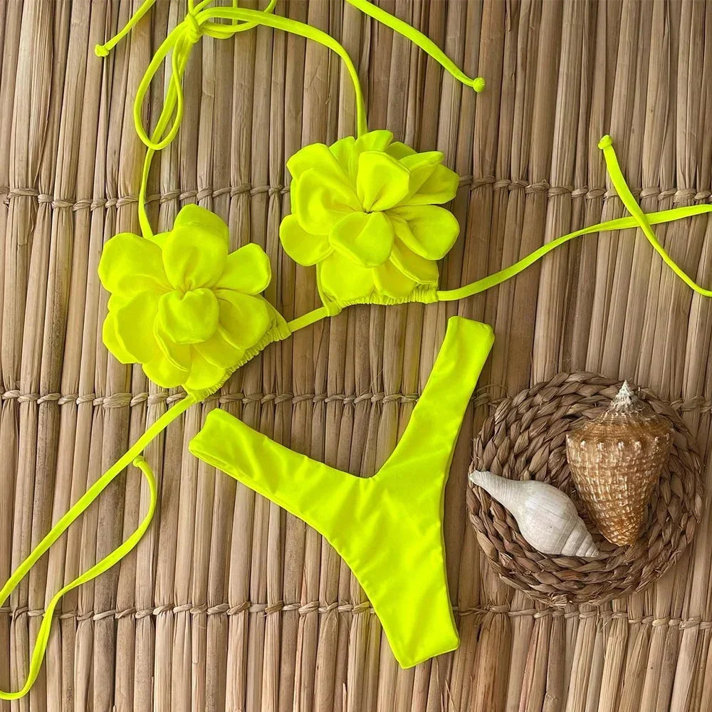 Swimsuits- Floral Swimwear Petal High-Cut Bikini and Triangle Bra 2 Piece- Lemon- IndioGear Women Clothing