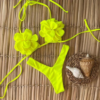 Swimsuits- Floral Swimwear Petal High-Cut Bikini and Triangle Bra 2 Piece- Lemon- IndioGear Women Clothing