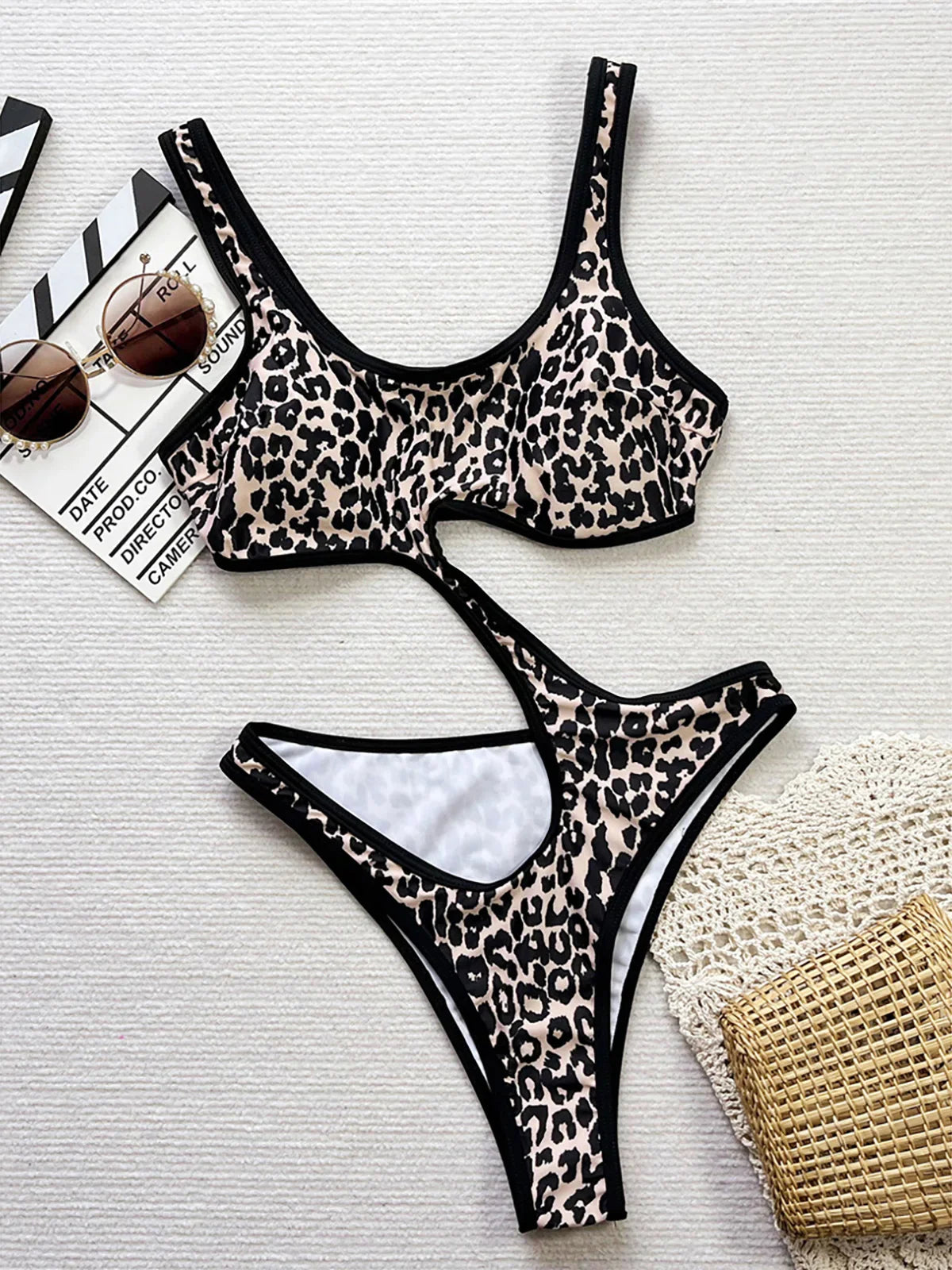 Swimsuits- Leopard Print Monokini Cutout One Piece Swimwear- - IndioGear Women Clothing