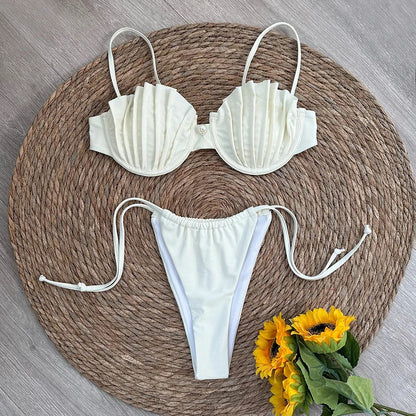 Swimsuits- Two-Piece Accordion Swimsuit Elegant Beachwear Ruched Bra- - IndioGear Women Clothing