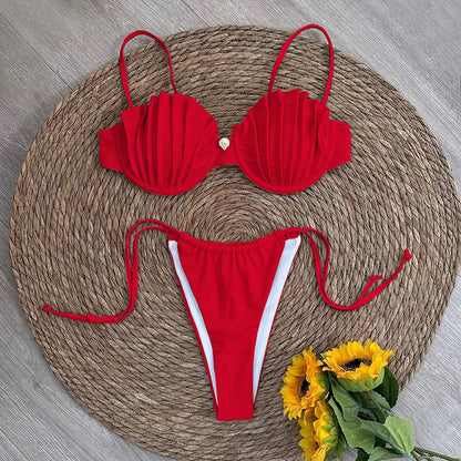 Swimsuits- Two-Piece Accordion Swimsuit Elegant Beachwear Ruched Bra- Red- IndioGear Women Clothing