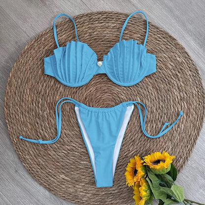 Swimsuits- Two-Piece Accordion Swimsuit Elegant Beachwear Ruched Bra- Blue- IndioGear Women Clothing