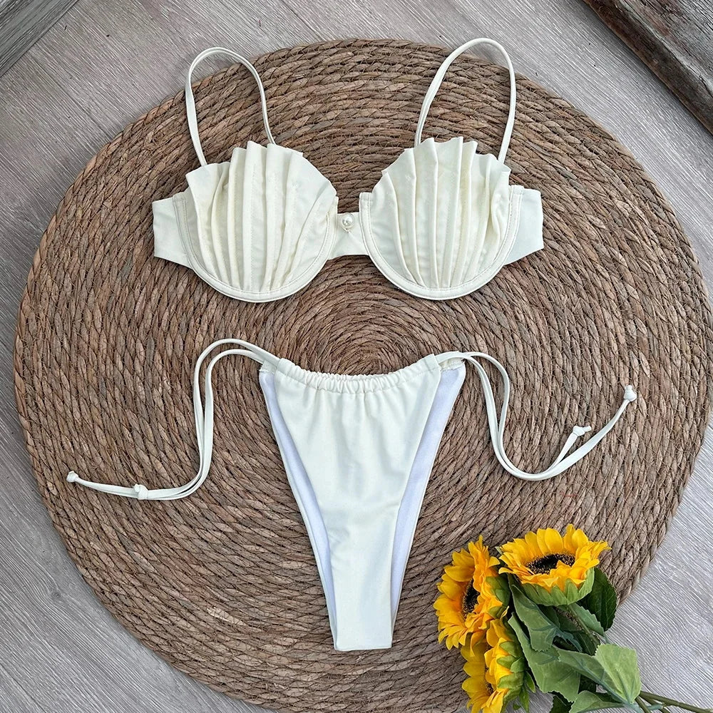 Swimsuits- Two-Piece Accordion Swimsuit Elegant Beachwear Ruched Bra- Ivory- IndioGear Women Clothing