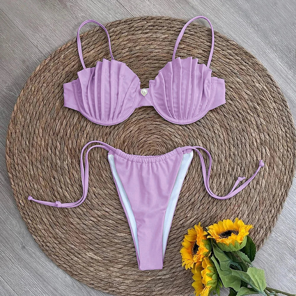 Swimsuits- Two-Piece Accordion Swimsuit Elegant Beachwear Ruched Bra- Lilac- IndioGear Women Clothing