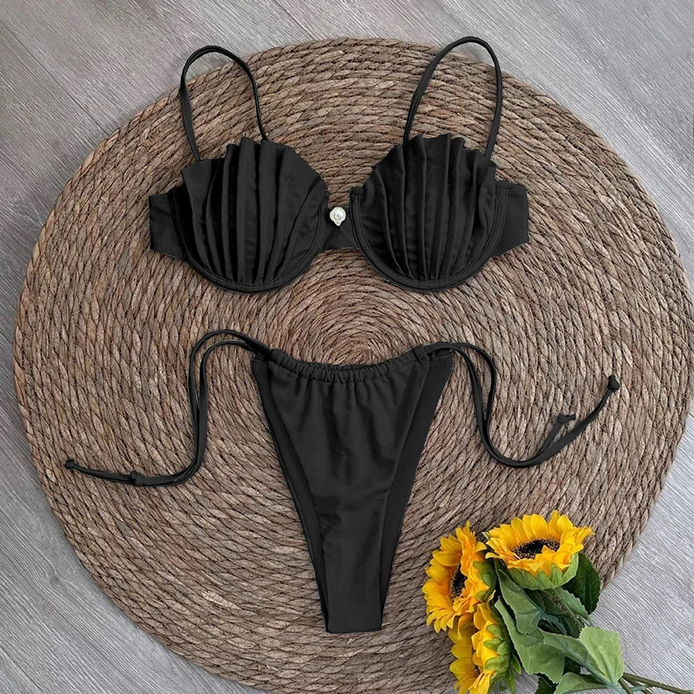 Swimsuits- Two-Piece Accordion Swimsuit Elegant Beachwear Ruched Bra- Black- IndioGear Women Clothing