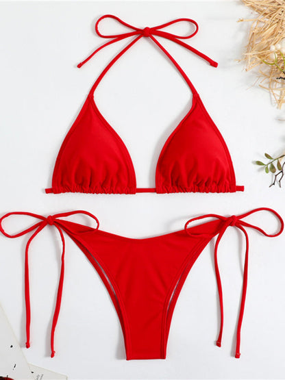 Swimsuits- Vacay Essentials Solid 2-Piece Swimsuit - Triangle Bra & Tie-Side Bikini- - IndioGear Fashion and Gear