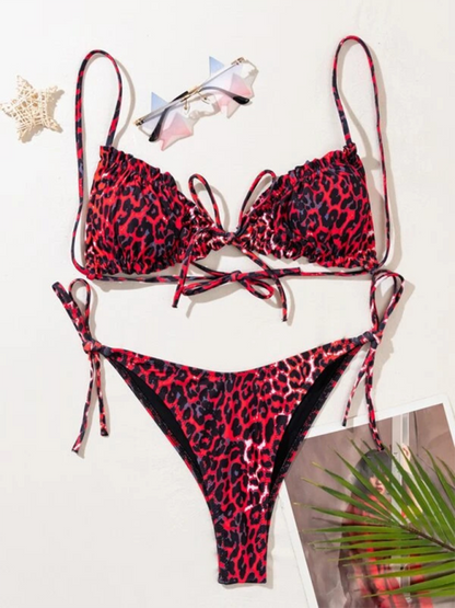 Swimsuits- Women's Leopard Print 2 Piece Swimwear - Tie-Sides Bikini & Frill Triangle Bra- - IndioGear Fashion and Gear