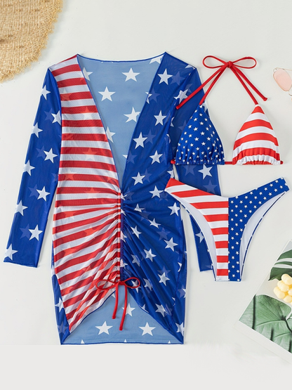 Swimsuits- Women's USA Flag Swimwear 3-Piece Collection - Bra & Bikini & Cover-Up- - Chuzko Women Clothing