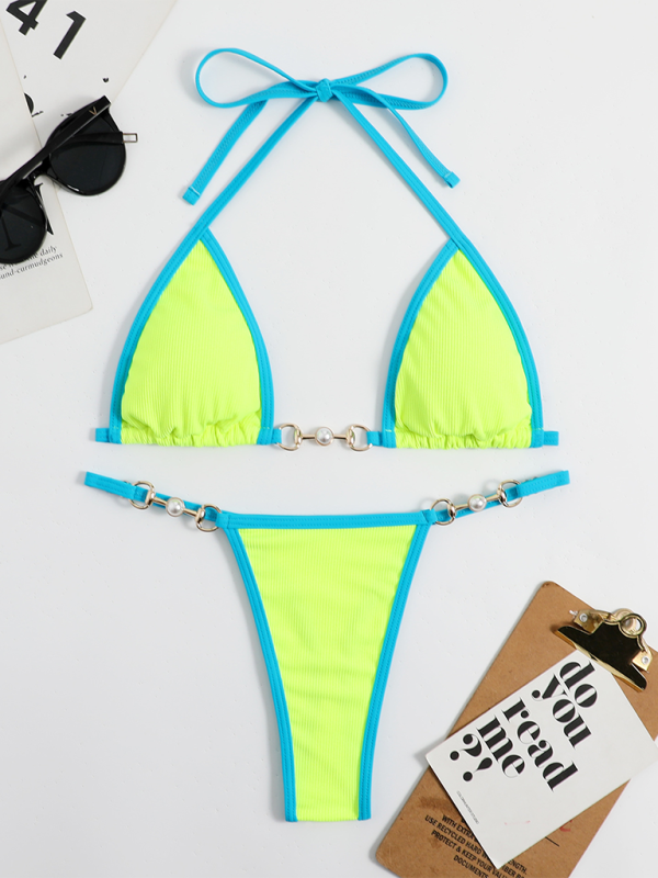 Swimwear- 2 Piece Swimsuit - Micro Bikini & Triangle Bra in Contrast Binding- - IndioGear Fashion and Gear